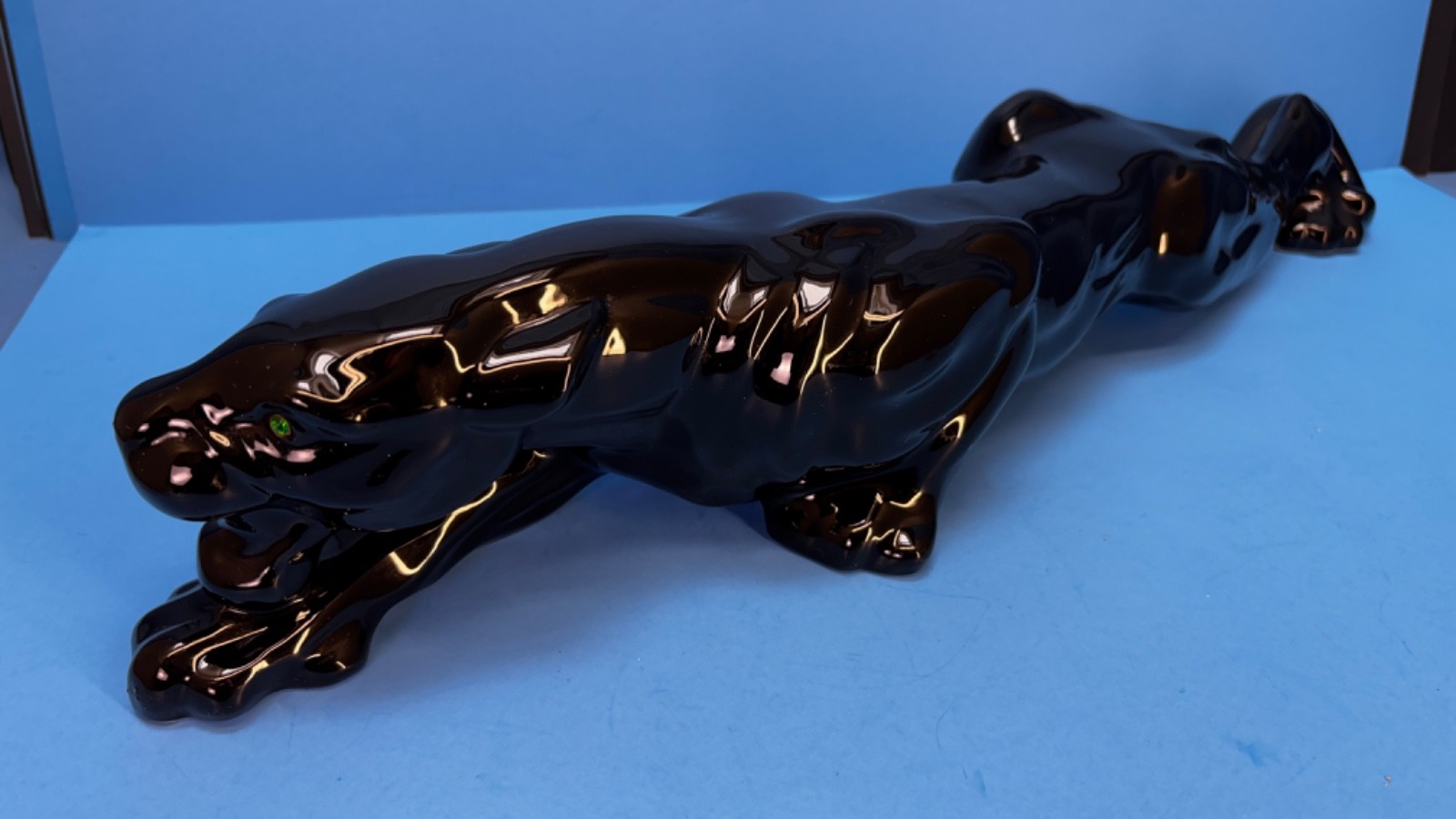 VTG 24″ 1950’s Royal Haeger Crouching Black Panther w/Green Rhinestone Eyes