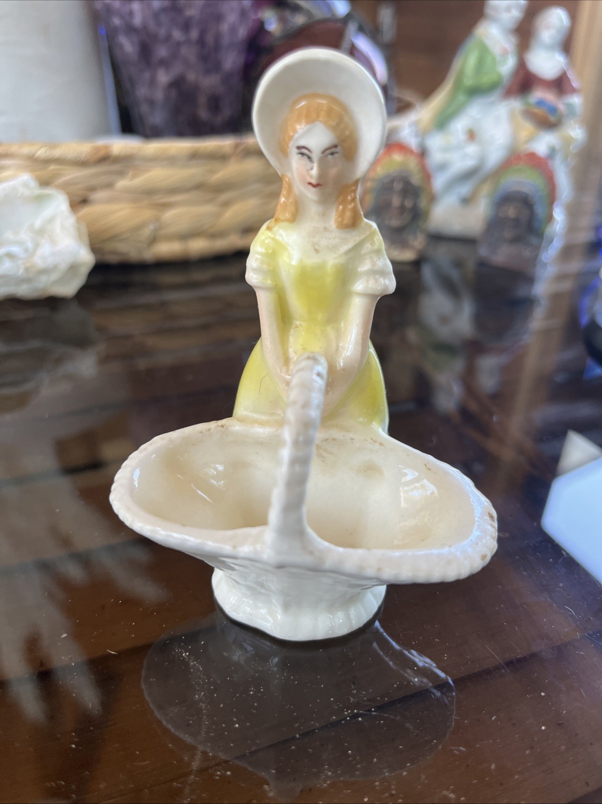 czechoslovakia Porcelain girl in yellow dress with basket figure