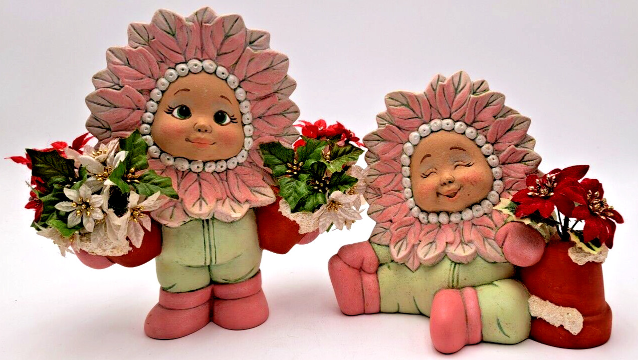 Baby Flower Poinsettia Figurines Set of 2 Hand Painted Initials Signed READ HTF