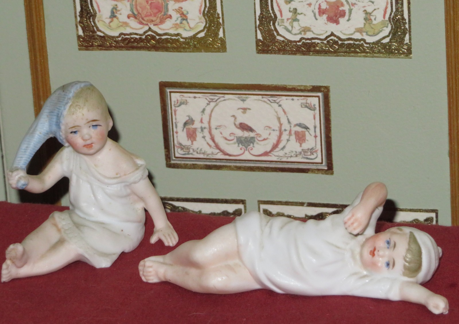Sweet Pair of Antique German Sleepy Time Miniature All Bisque Doll Piano Babies!