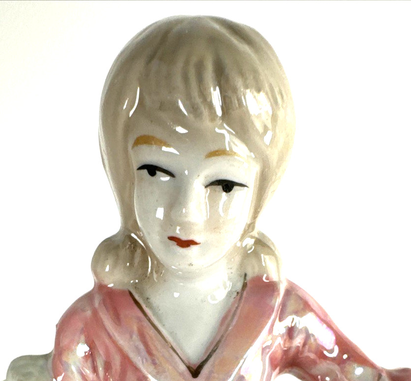 Ceramic Iridescent Lady Figurine Holding Basket of Fruit & Vegetable 6″ x 4″