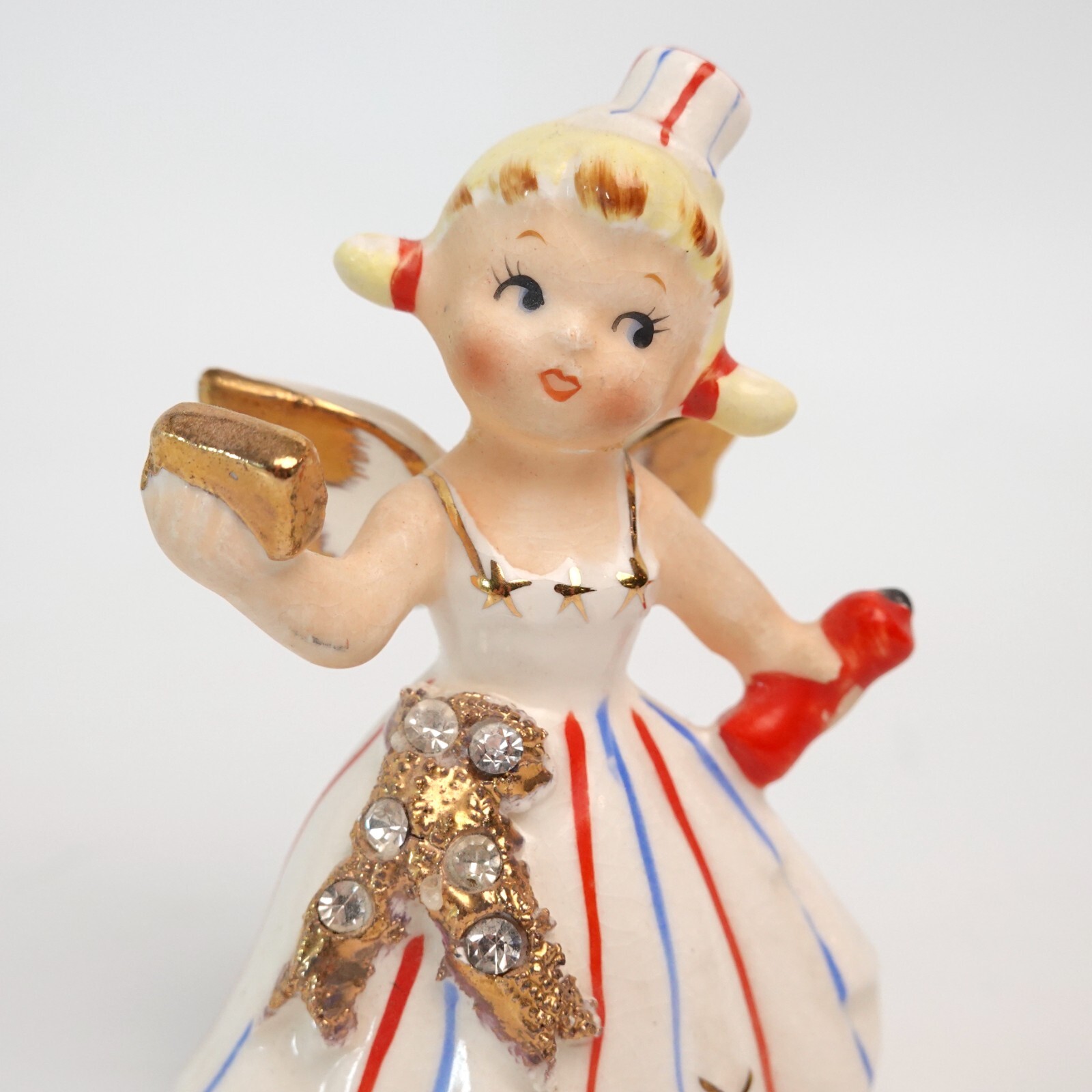 Lefton RARE SMALL SIZE 1957 July Angel with Red White Blue Firecracker READ 3.5″
