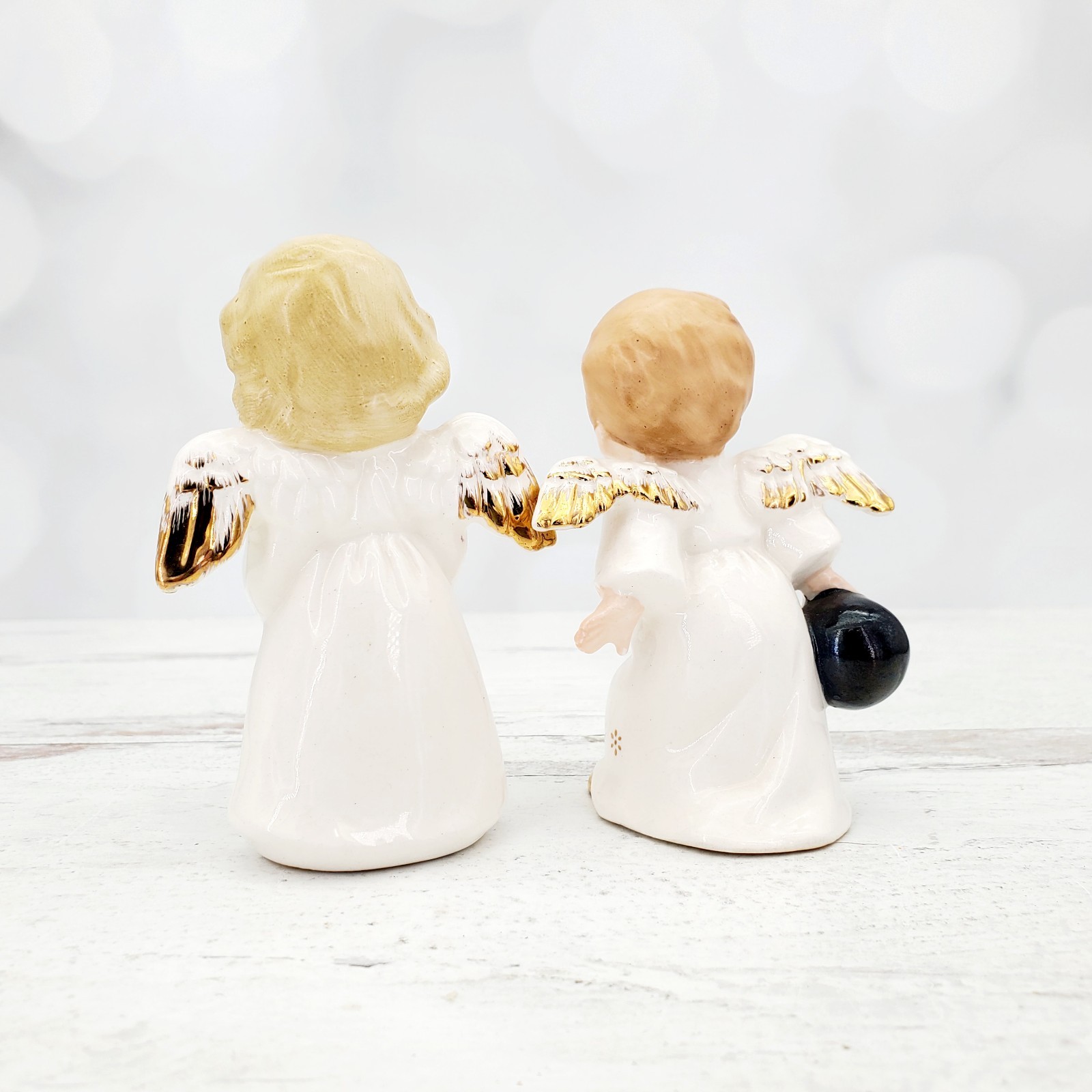 Vintage Japan Ceramic Bowling Angel Pair Ceramic Figurines | Gold Accents