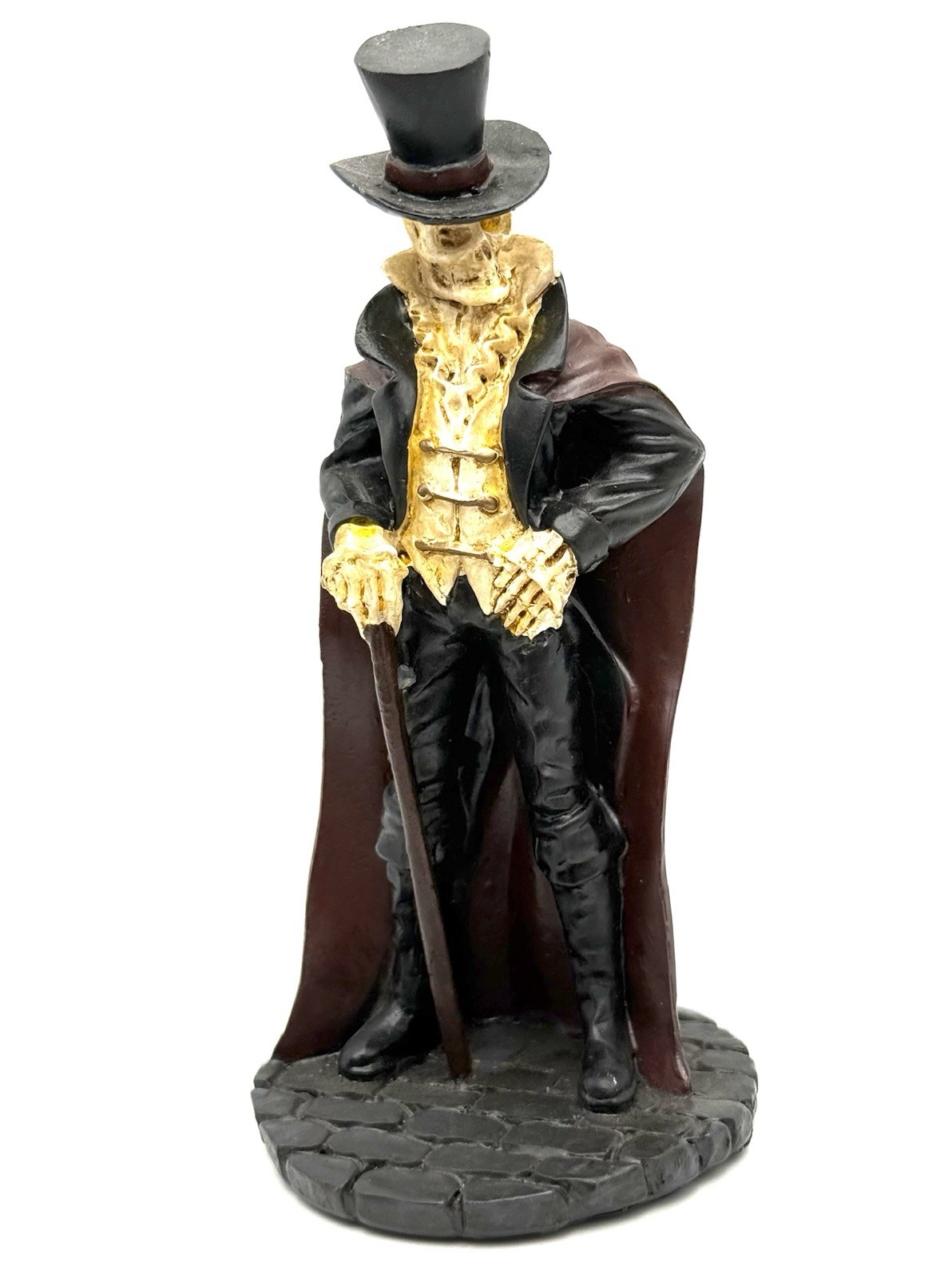 Skeleton Figurine Wearing Top Hat Cape Cane Gentleman 5.75” Resin