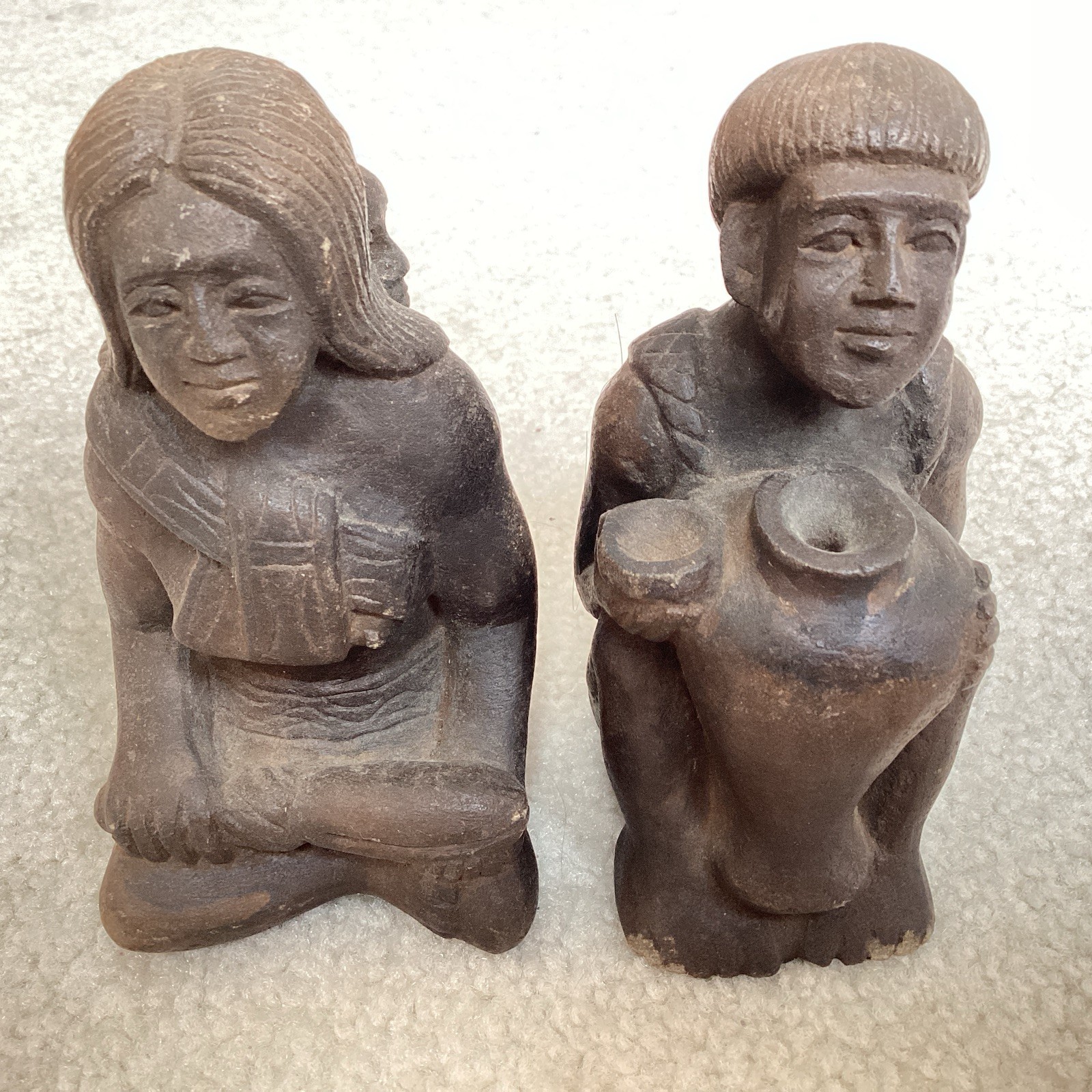 Vintage Ifugao Carved Clay Figurines Mother with Child Water Jug Philippines