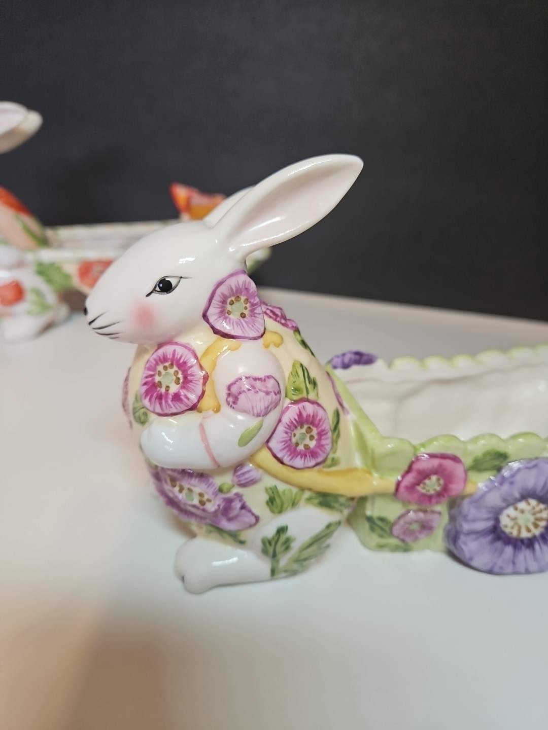 2 VILLEROY & BOCH 1748 Bunny Rabbit Pulling Cart Easter Decor Butterfly Poppy