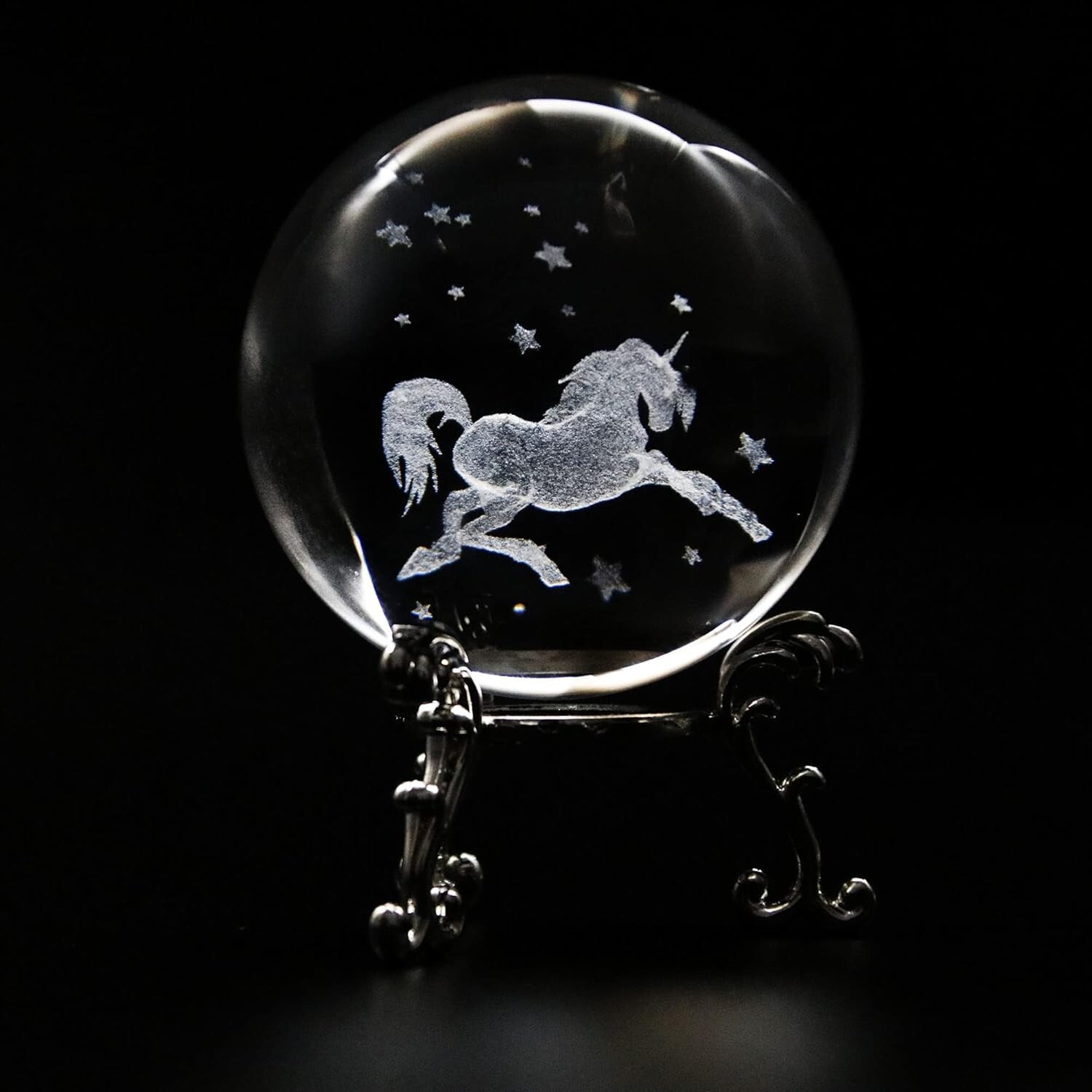 3D Laser Unicorn Crystal Ball Paperweight with Stand 2.36″D x 2.36″W x 2.36″H