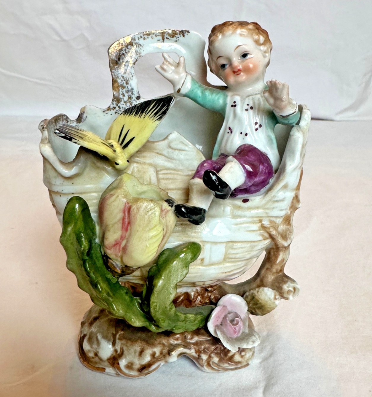 Vintage Ucagco Japan Porcelain Boy Figurine Basket Bird Floral Vase