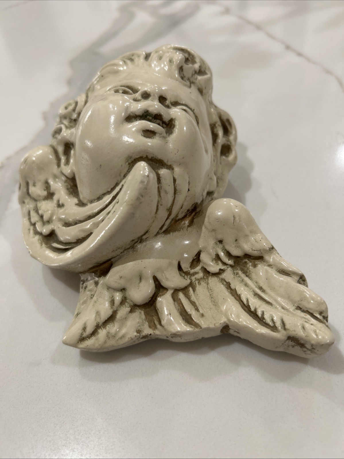 Vtg Angel Cherub Head W/ Wings Plaster Chalkware Wall Hanging Plaque Baroque