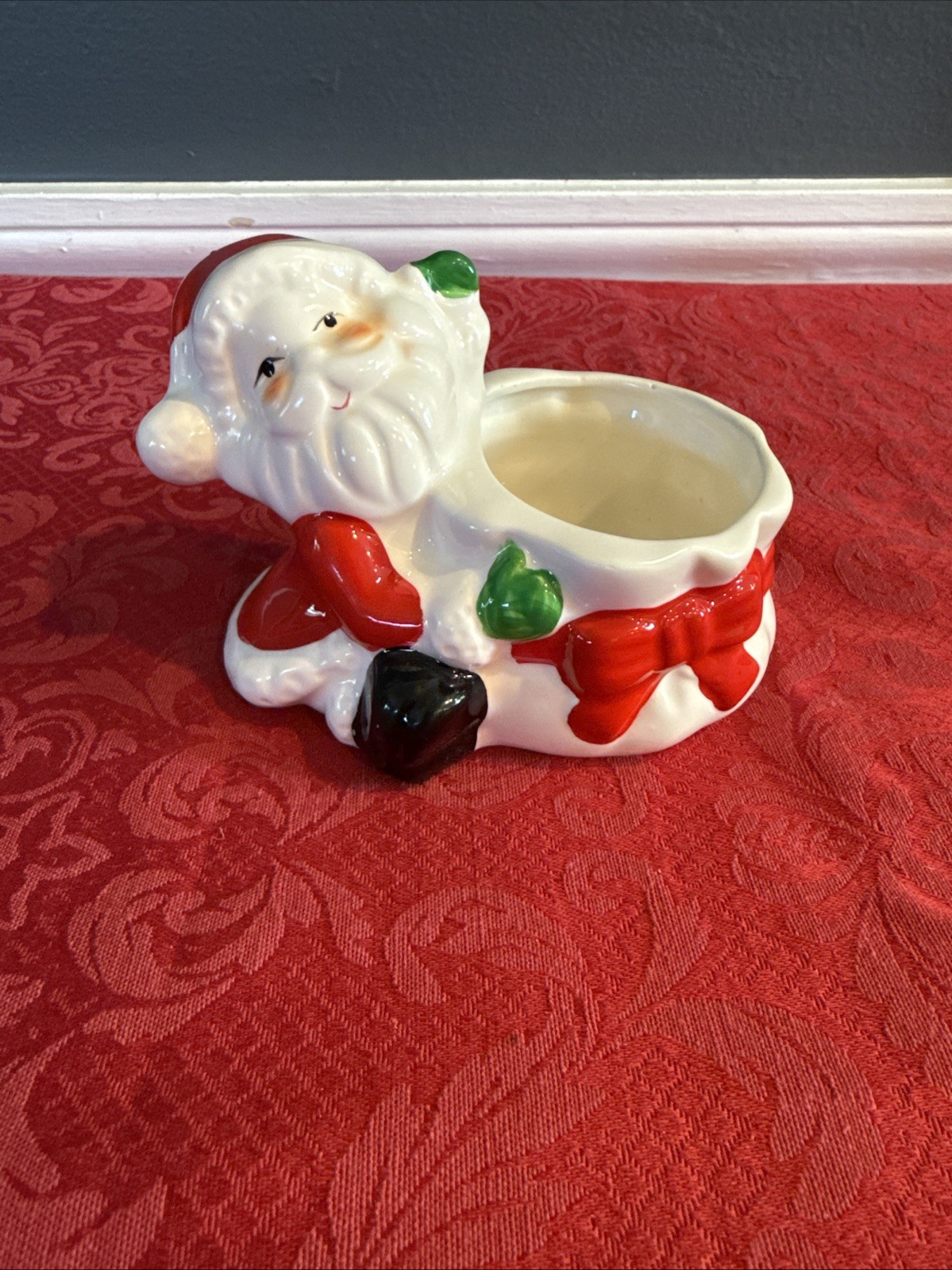 Vintage SANTA Toy Bag Christmas Holiday Candy Dish Candle Holder 4” x3” 1960’s