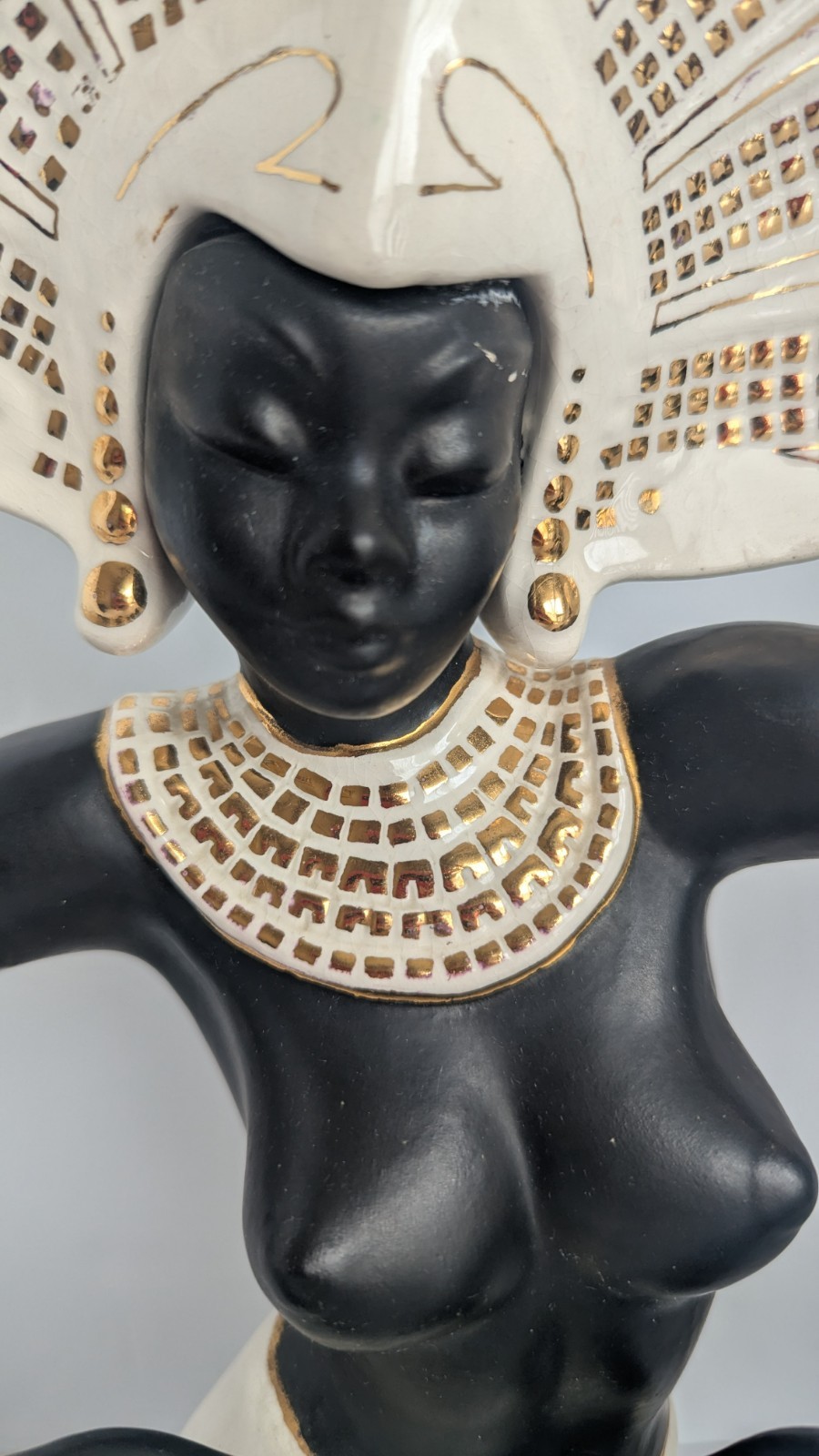 Vintage MCM Nubian Dancer Ceramic Figurines Pair Black Gold Man Repaired 12.5in
