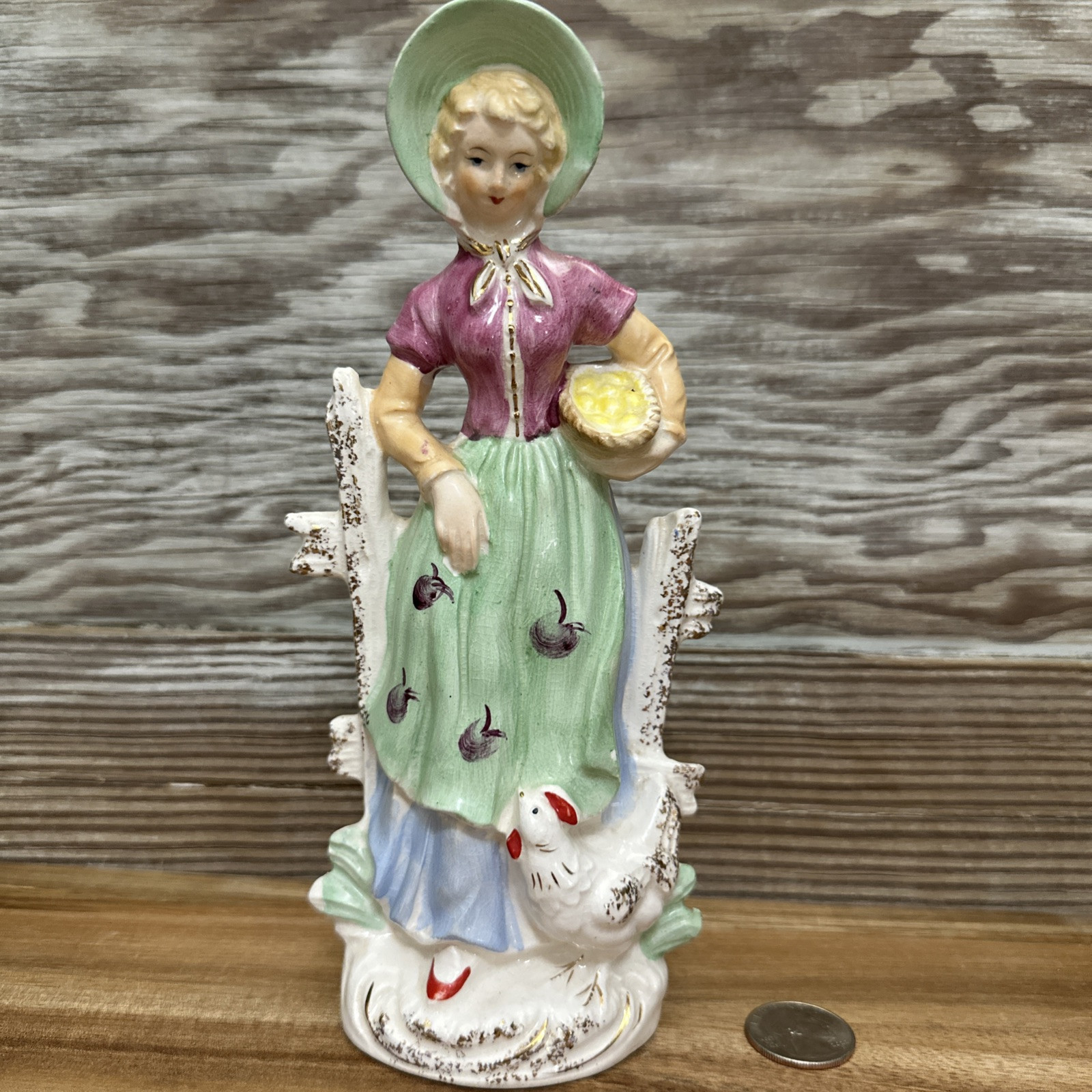 Vtg Woman Figurine Rooster Chicken Eggs Fence Dress Bonnet Marked “F” Porcelain