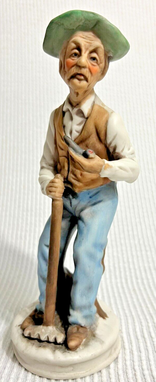 Vintage Hand Painted Farmers Old Lady & Man Basket Bisque Figurines 8″ Tall.
