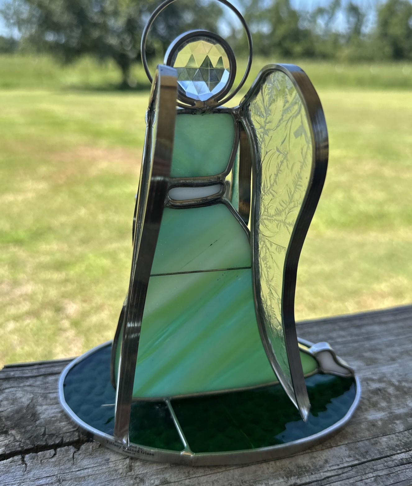 Angel & Child Stained Glass Green And White Figurine