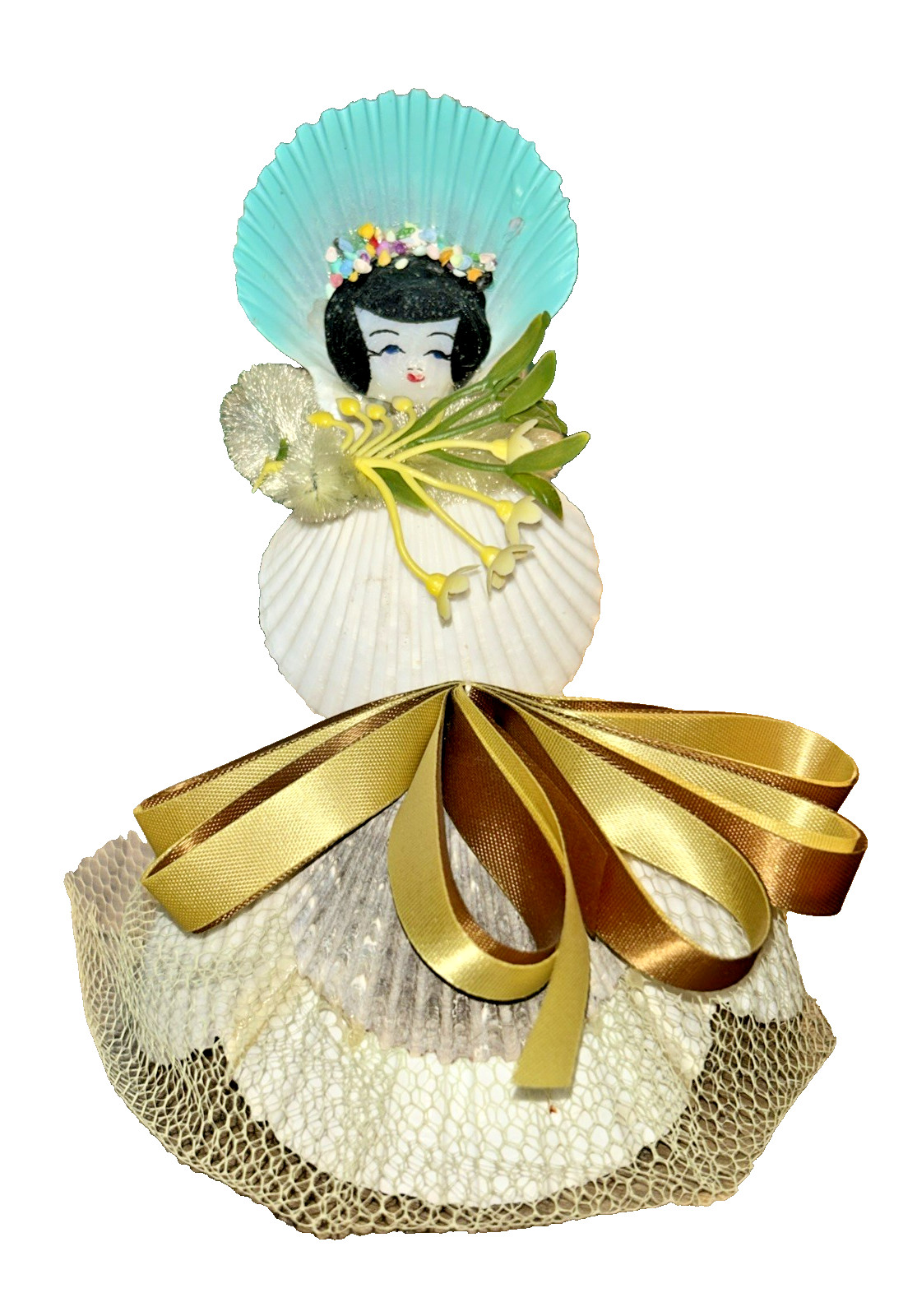 Vintage Handmade Seashell Doll Souvenir Figurine Hand Painted Folk Art Japan