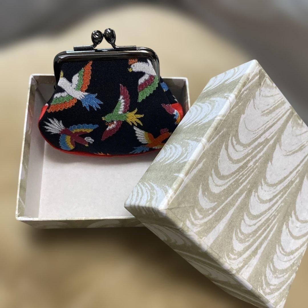 Japanese bird pattern coin purse black 2.5inch gamaguchi wallet