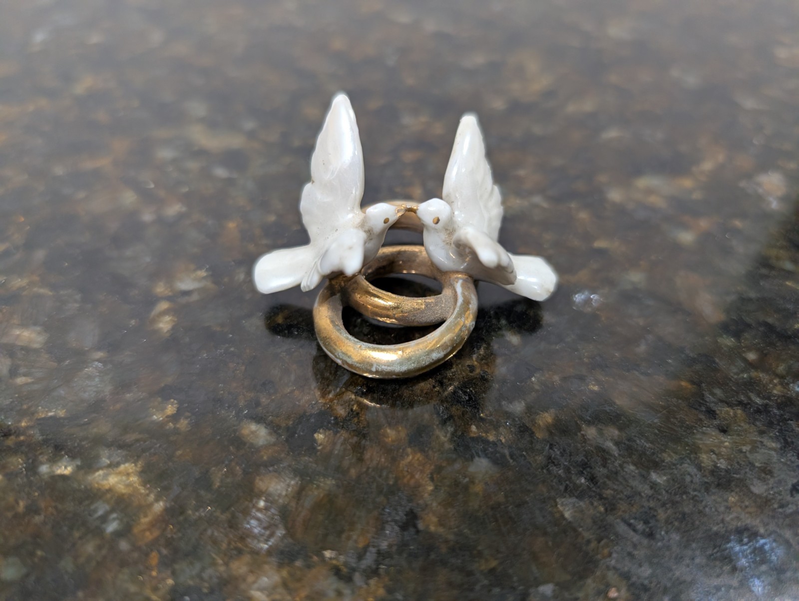 Antique German Porcelain Dove & Gold Rings Wedding Anniversary Figurine Cake Top