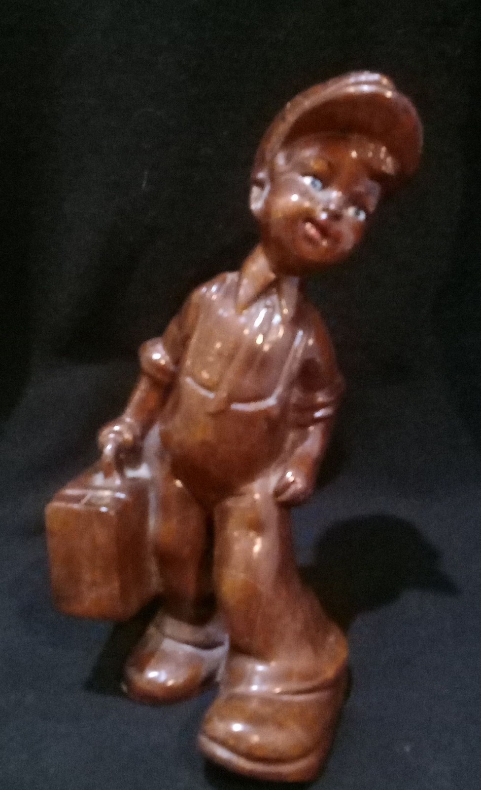 Vintage Faux Wood Boy With Suitcase Hand Painted Eyes