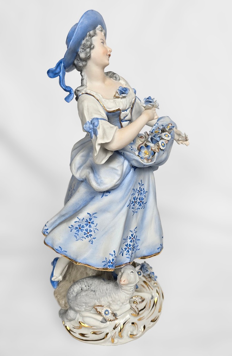 11″ Antique Sitzendorf Shepherd & Shepherdess Figurine Pair, c.1890s, Germany