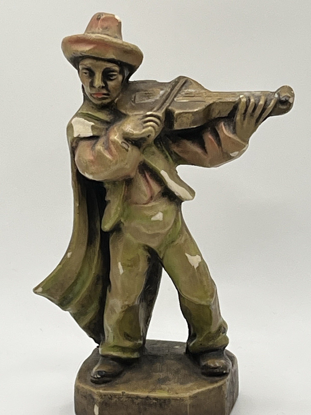 Hand-Painted Carved Wood Musician Figurine with Guitar Multicolor