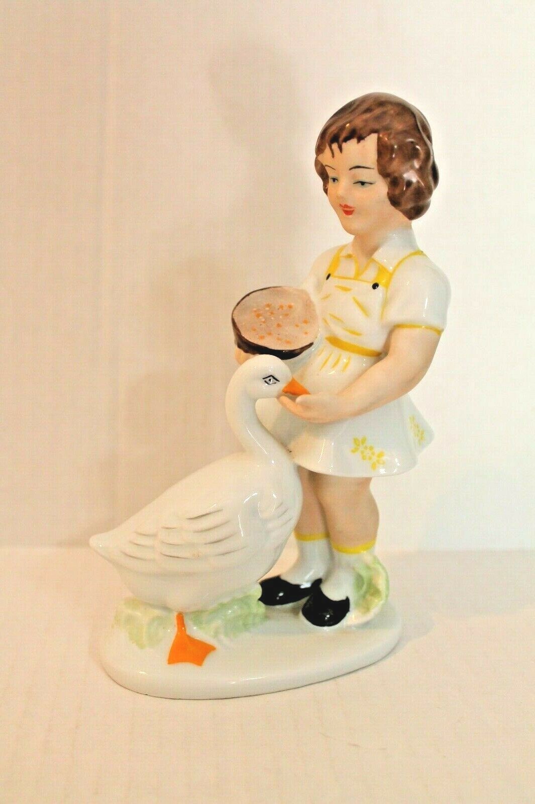 Vintage Antique ARPO Made in Romania Girl Feeding Duck Goose Figurine