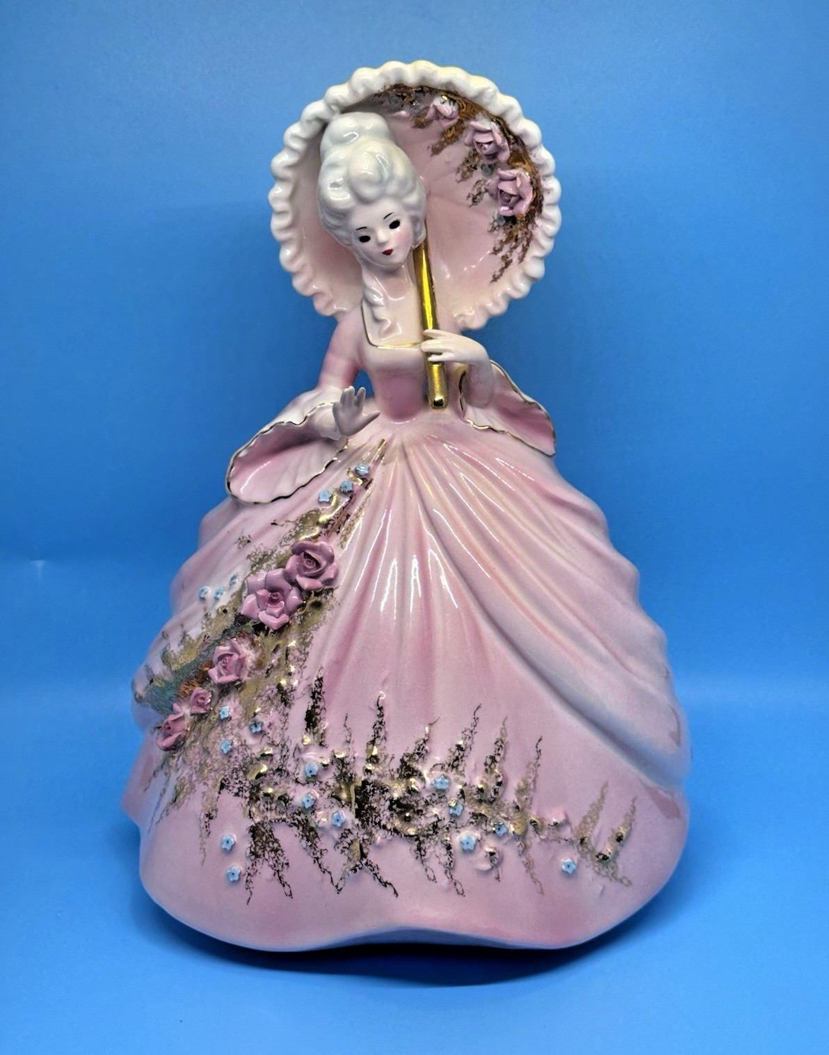 Josef Originals Colonial Days Series “Caroline” Figurine Pink Parasol Gold Roses