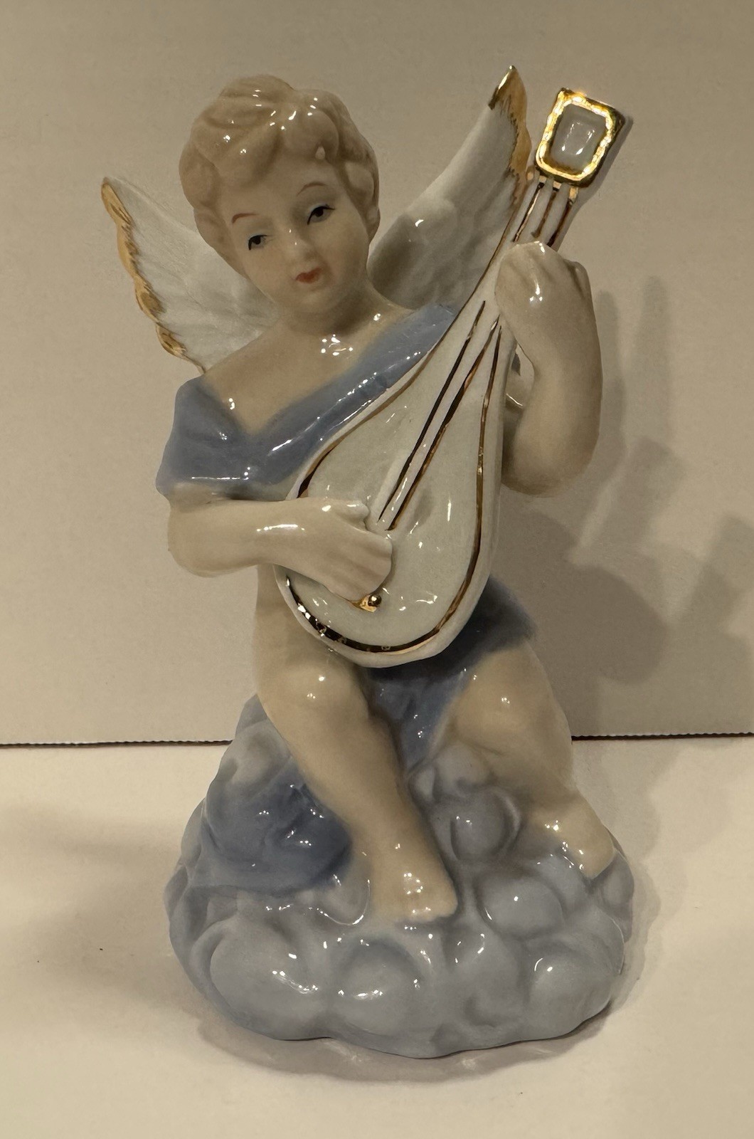 VTG ~ Porcelain 5-3/8” Tall Cherub Angel w/Instrument Figurine in Pastels w/Gold