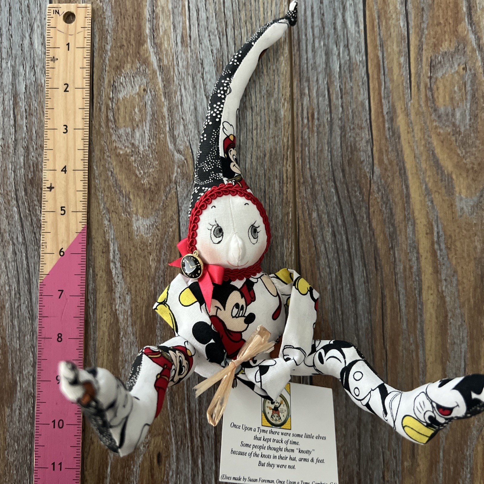 Vintage Susan Foreman Knotty Elf Doll Mickey Mouse Fabric Handmade Folk Art 8.5”