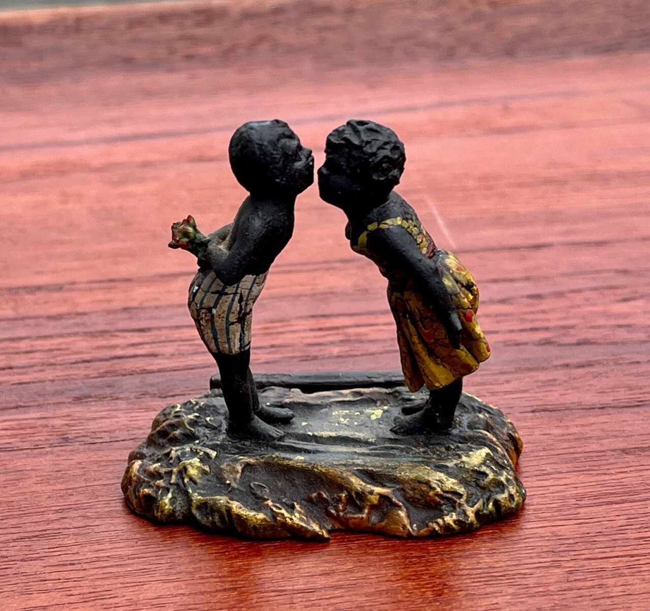 Antique Miniature Sculpture Boy Girl Kissing, Hand painted, Mixed Metals 1890s