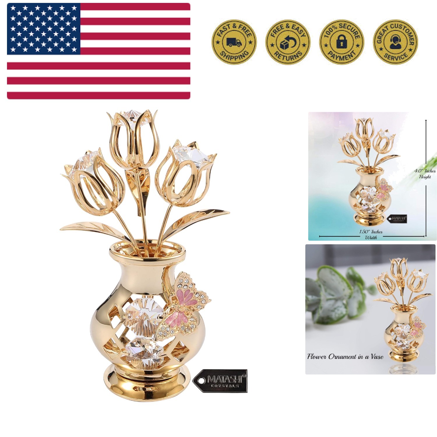 24K Gold Plated Crystal Flower Figurine with Clear Crystals & Butterfly – Lux…