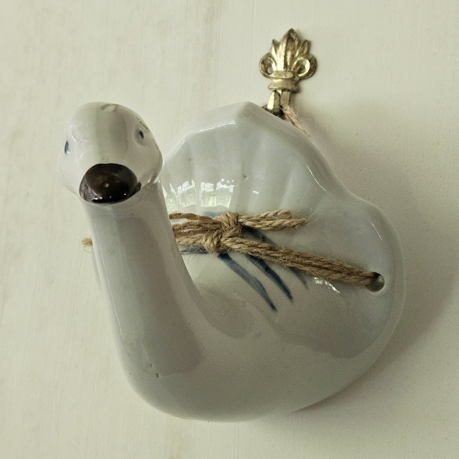 Rare Vintage Goose Hand Towel Holder Hook, Blue And White Ceramic, Cottagecore