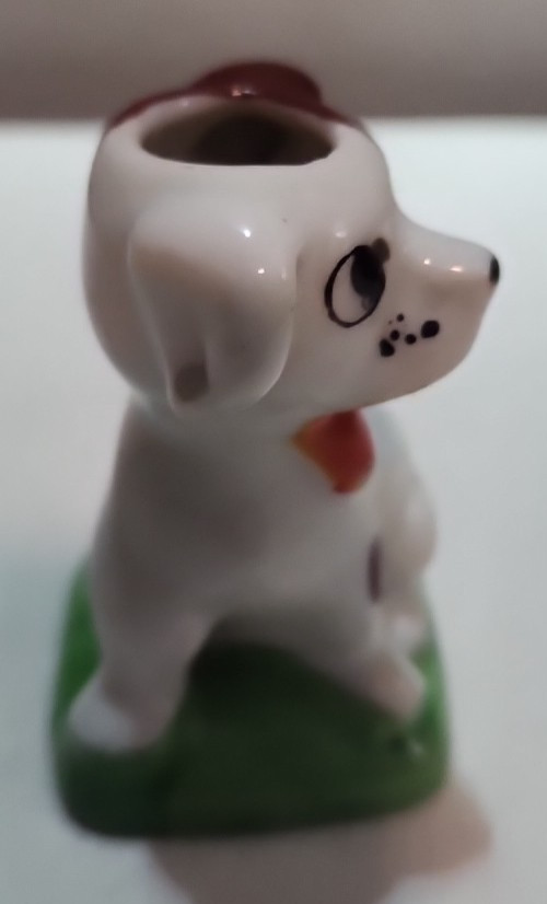 Vintage MADE IN JAPAN Porcelain Puppy Dog Stamp Wetter / Vase (Unknown) 3″ Tall