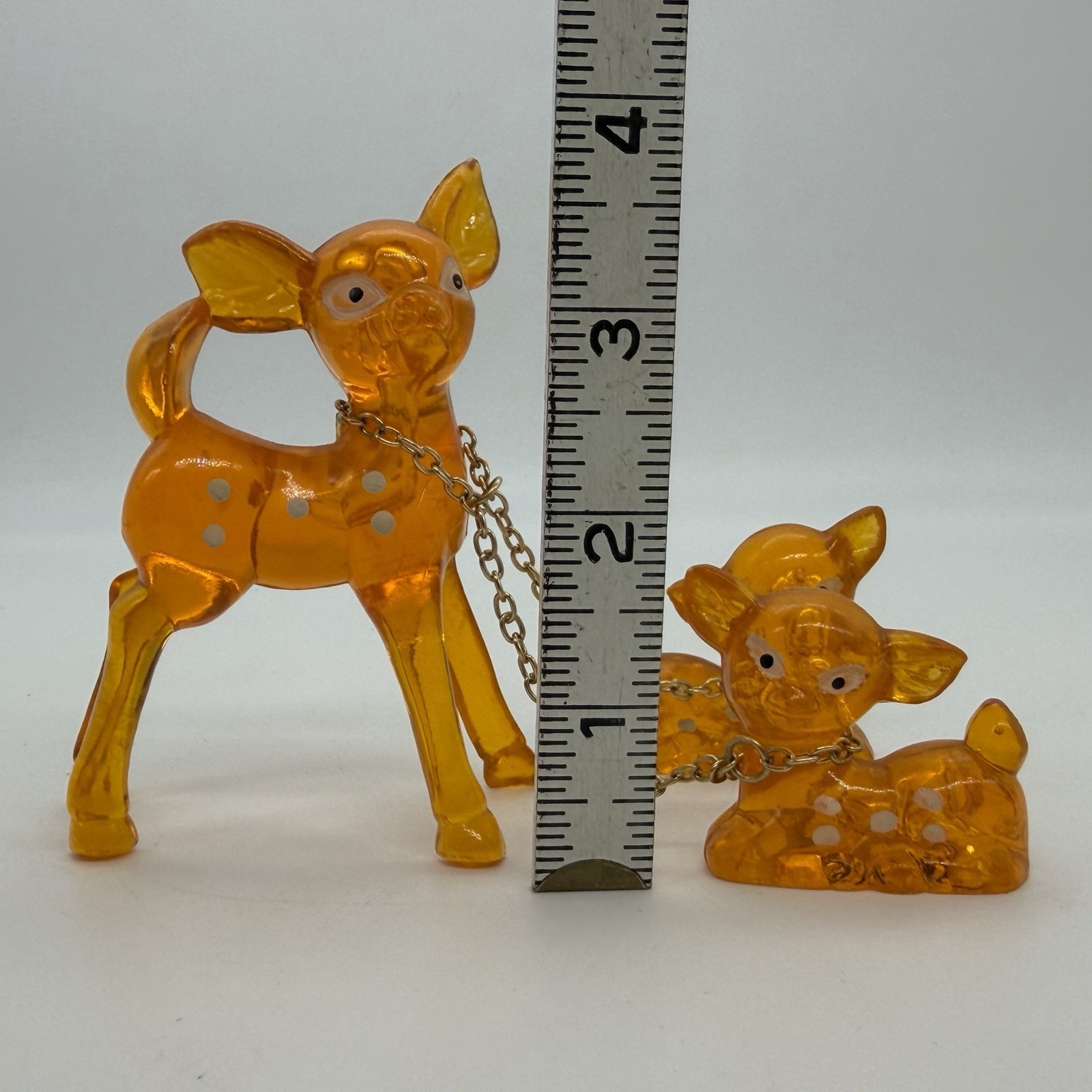 Vintage Lucite Chained Deer Family Orange White Spots & Eyes Retro Kitsch