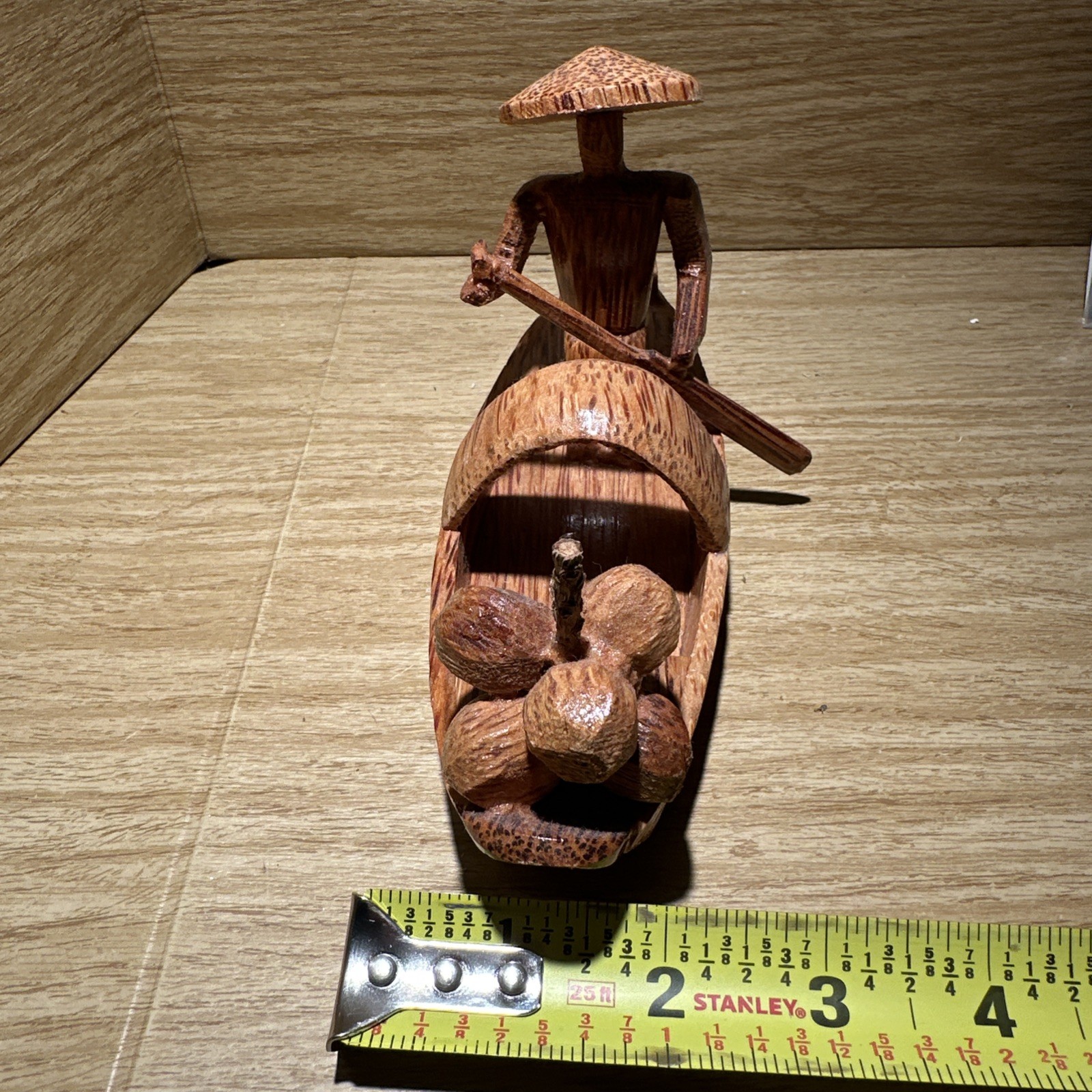 Carved Man Rowing In Wood Boat With Oar – Coconuts On Front Souvenir. Figural