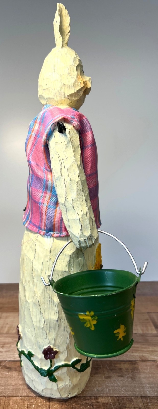 Hand-Carved Wooden Bunny Figurine With Plaid Apron & Green Metal Bucket Decor