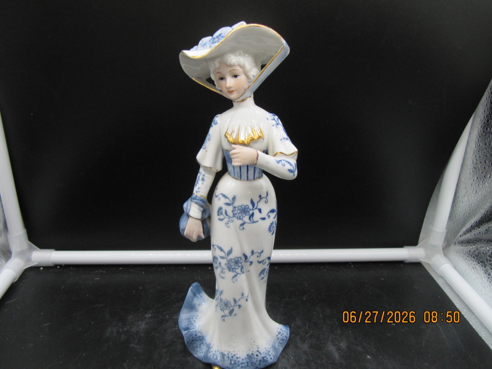 Vintage Porcelain Woman Figurine White, Blue, Gold Dress & Hat Made in Japan