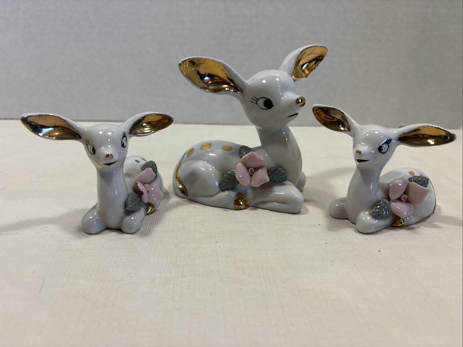 White Porcelain Deer Figurines Vintage by Chase Japan Doe and 2 Fawns Great Cond