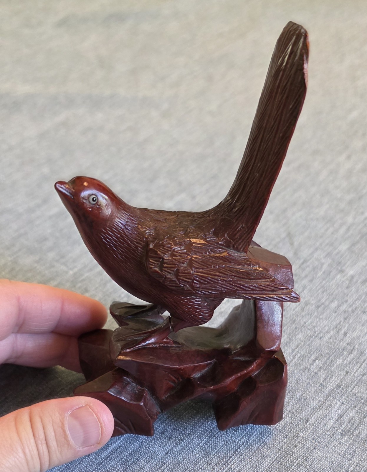 Vtg Rosewood Bird Sculpture Figurine Handcarved Glass Eyes Unknown Signature “W”