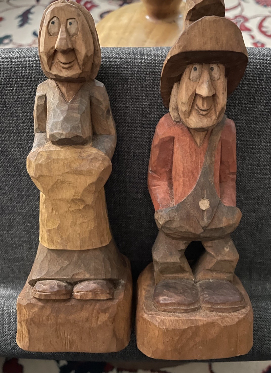 Vintage Hand Carved Wooden Folk Art Woman And Man Signed by Mike Shipley