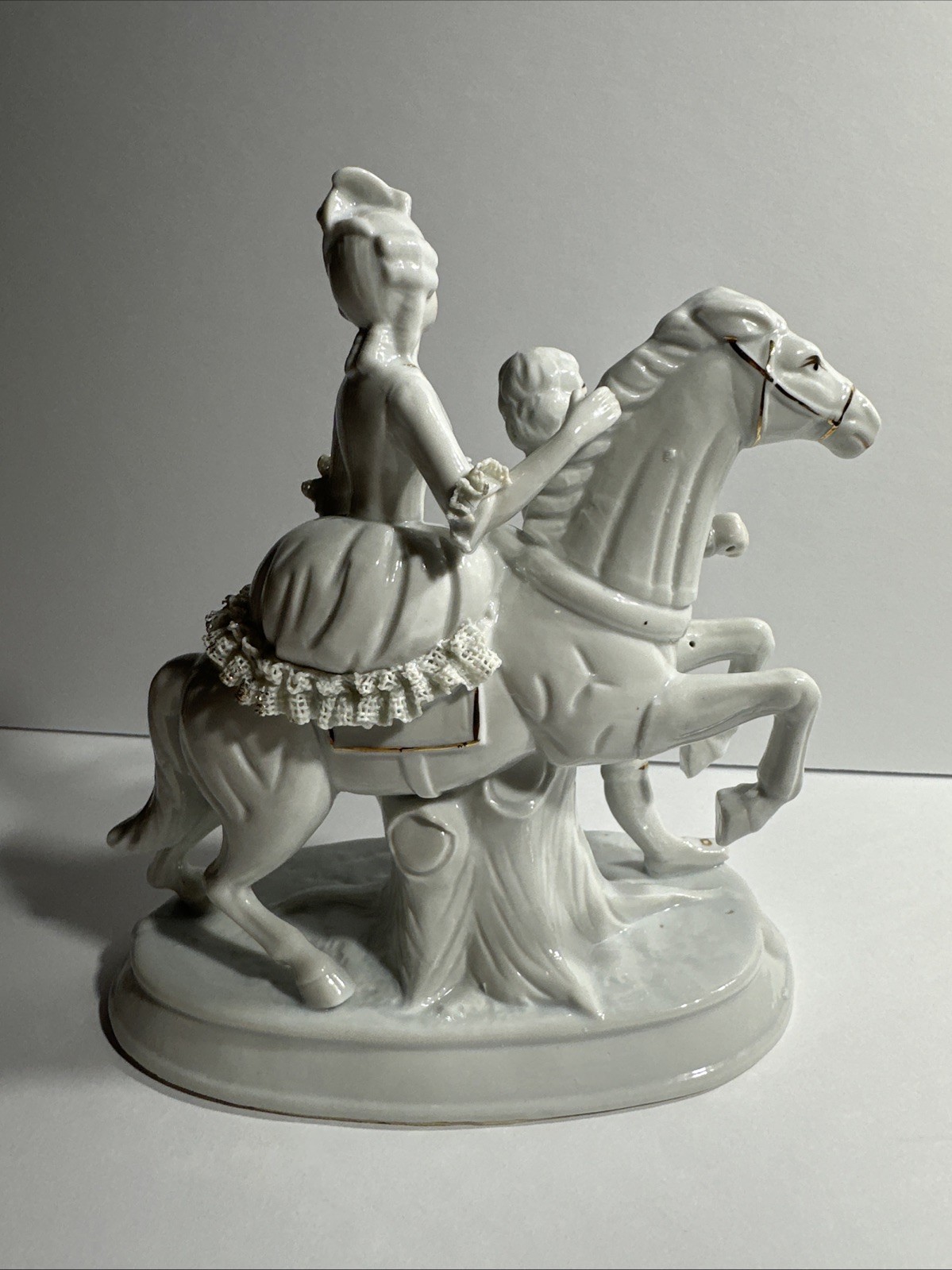 Vintage Victorian Couple Figurine Women On Horse White & Gold Porcelain