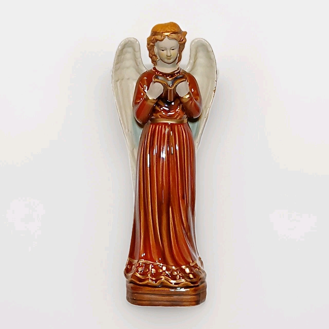 Vintage Gold Trimmed Renaissance Ceramic Angel Statue Glazed Red-Brown Gold Gown