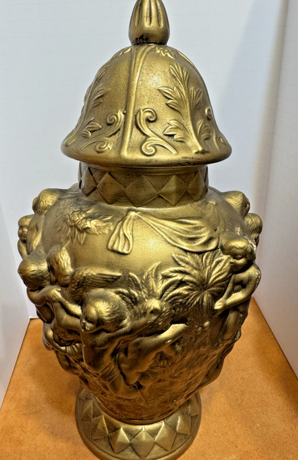 Vintage Golden ANGEL Figural Cherub Art Decor 3d Urn Ginger Jar Lidded vase