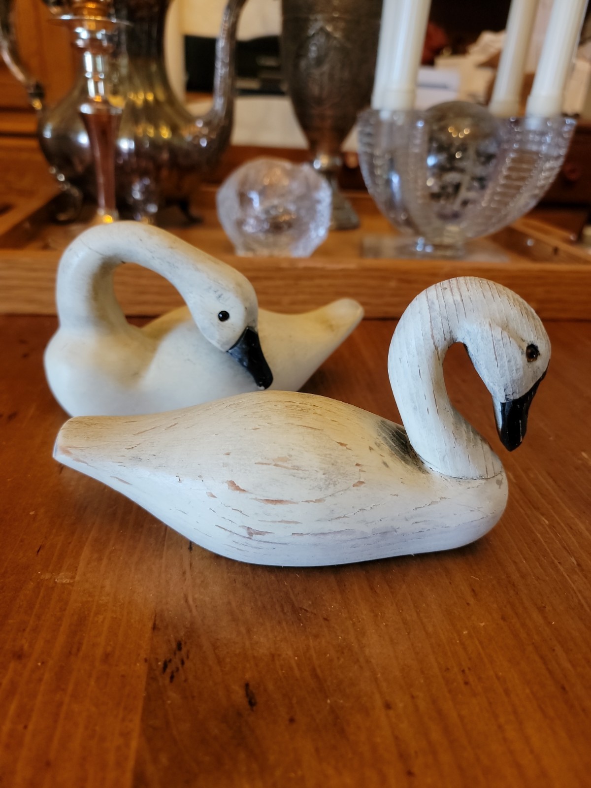 Vintage Hand Carved Small 6″ Wooden Swan Pair Figure Folkart, Rustic, Primitive