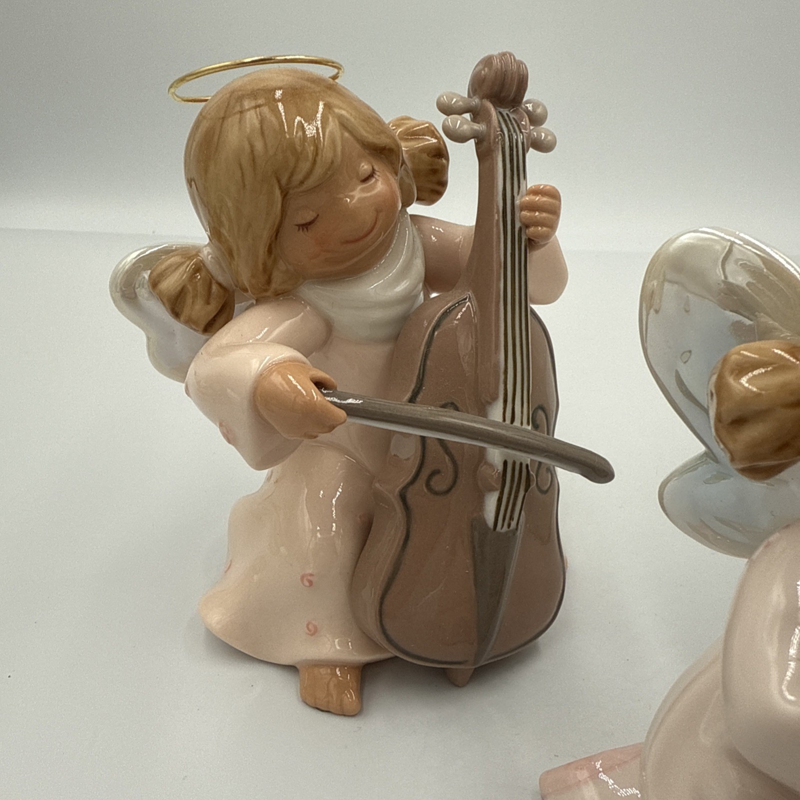 3 Angel Figurines Playing Instruments: Hello, Horn, Harp Pastels With Halo Wings