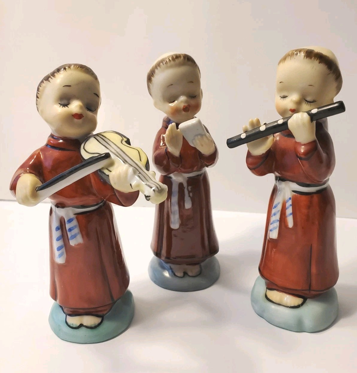 Vintage Musicians Monk Choir Boy Figurines Violin Flute Singer Set Of 3 Japan