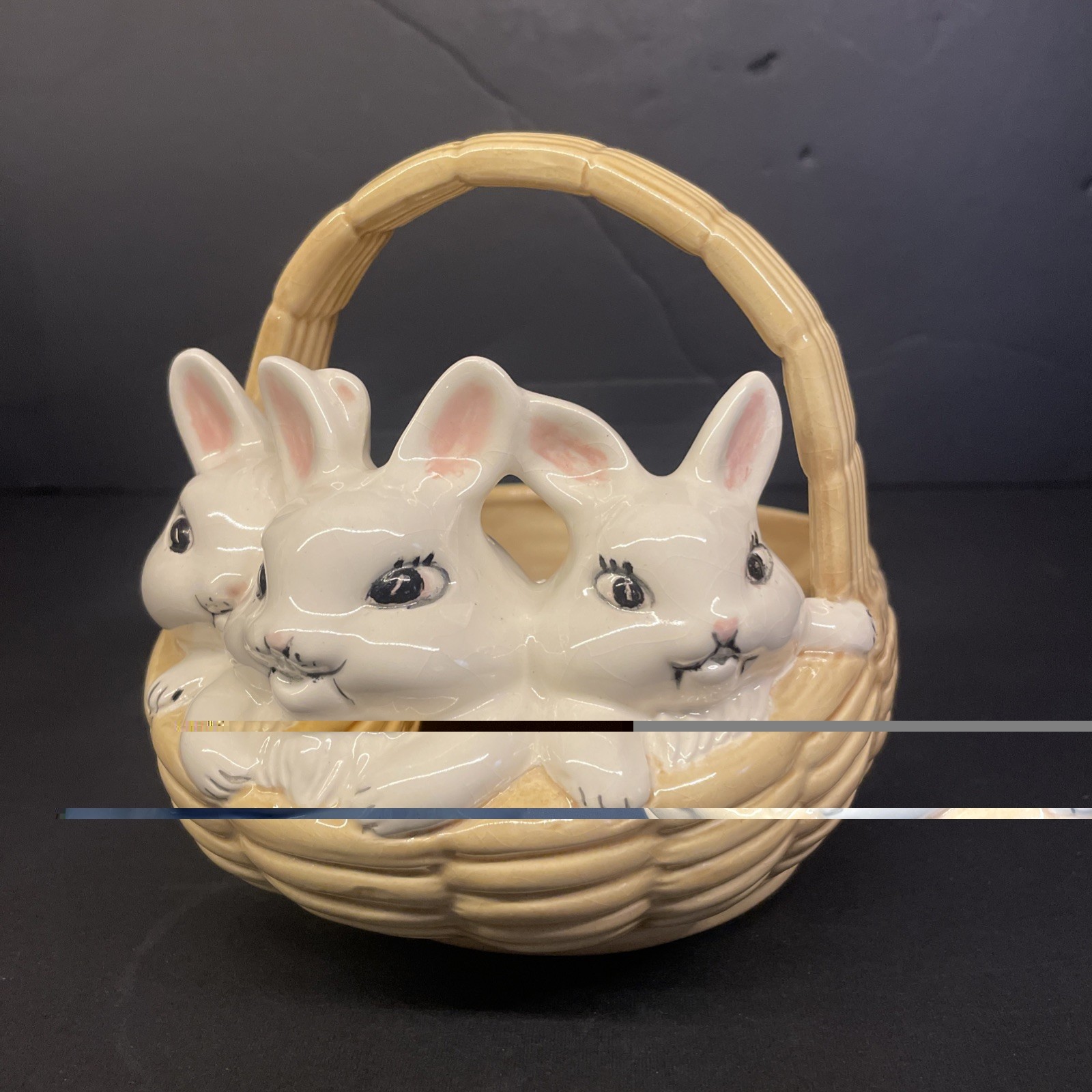 Easter Atlantic Mold Hand Painted Ceramic Basket w/3 White Bunnies Spring VTG