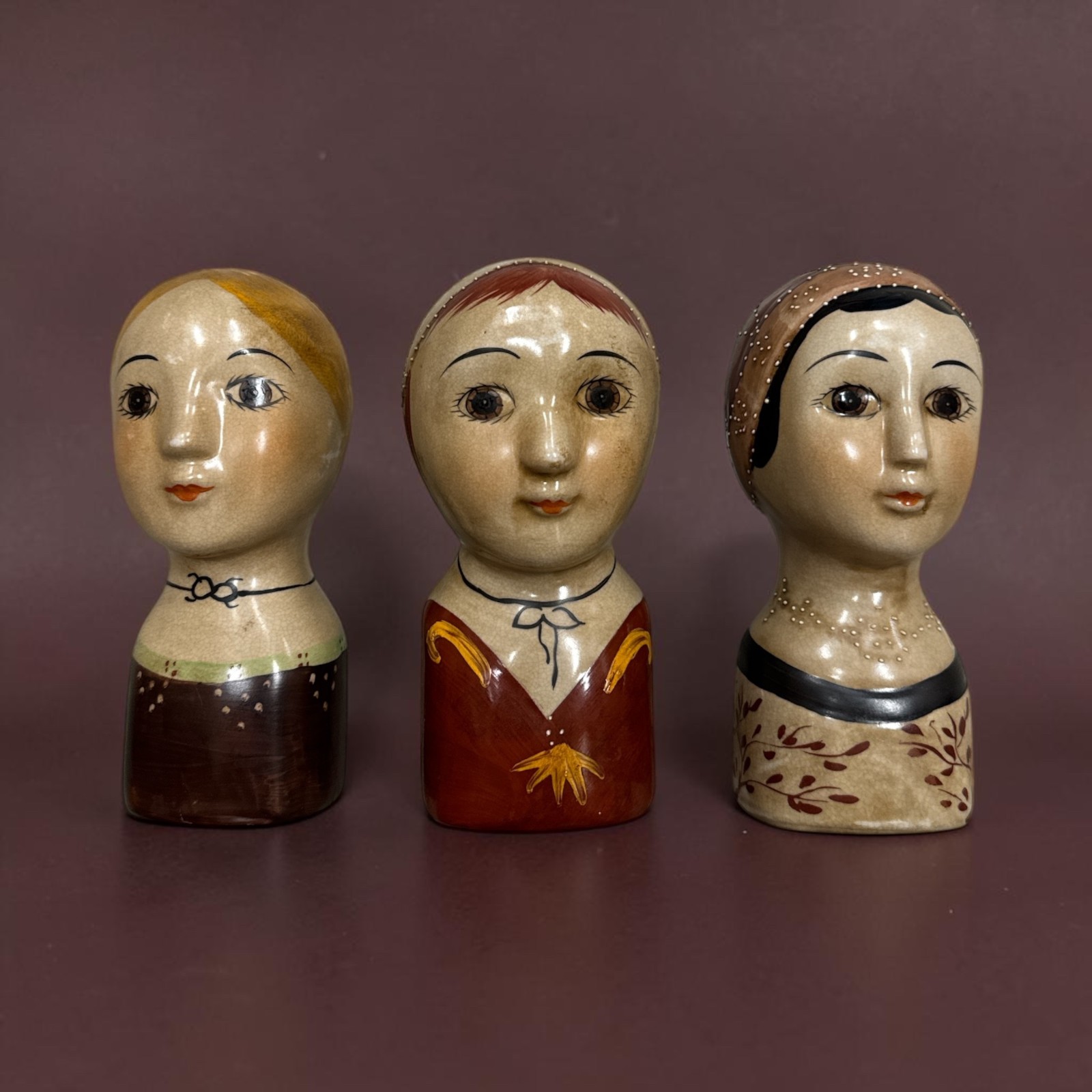 Vintage Scandinavian Folk Art Pottery Lady Head Bust Figurines – 6 inches tall