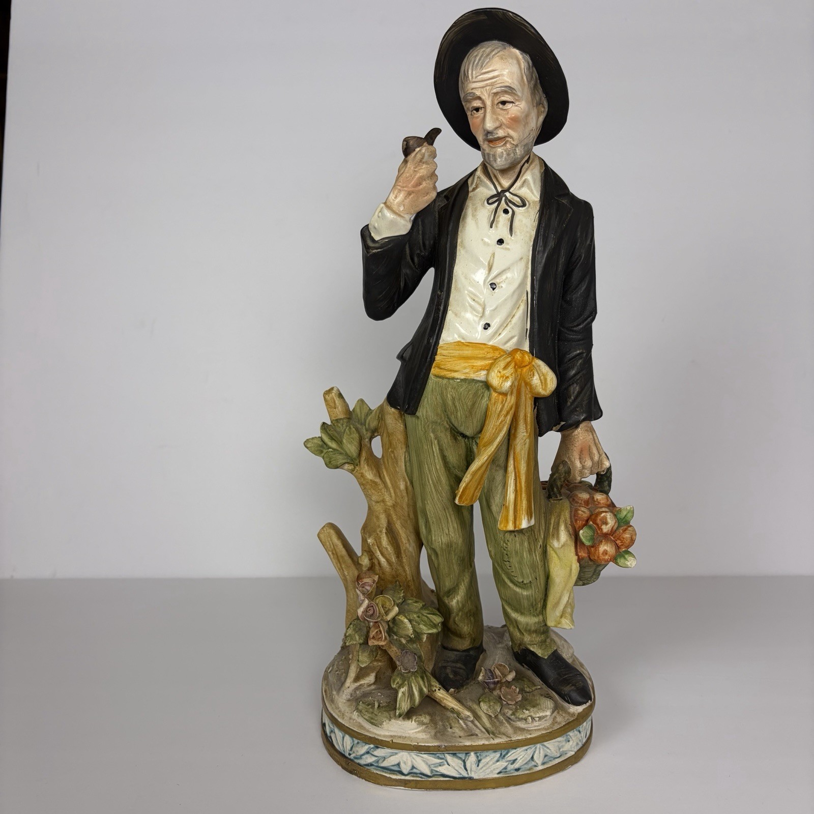 Norleans Old Man with Pipe Figurine Basket of Apples Porcelain 14” Hand Painted