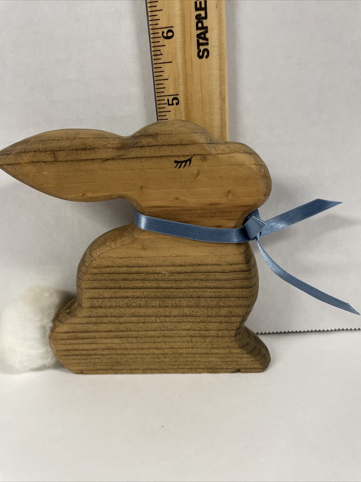Vintage Handmade Wooden Rabbit Bunny Figure w/ Ribbon, Cotton Ball Tail 4.5”