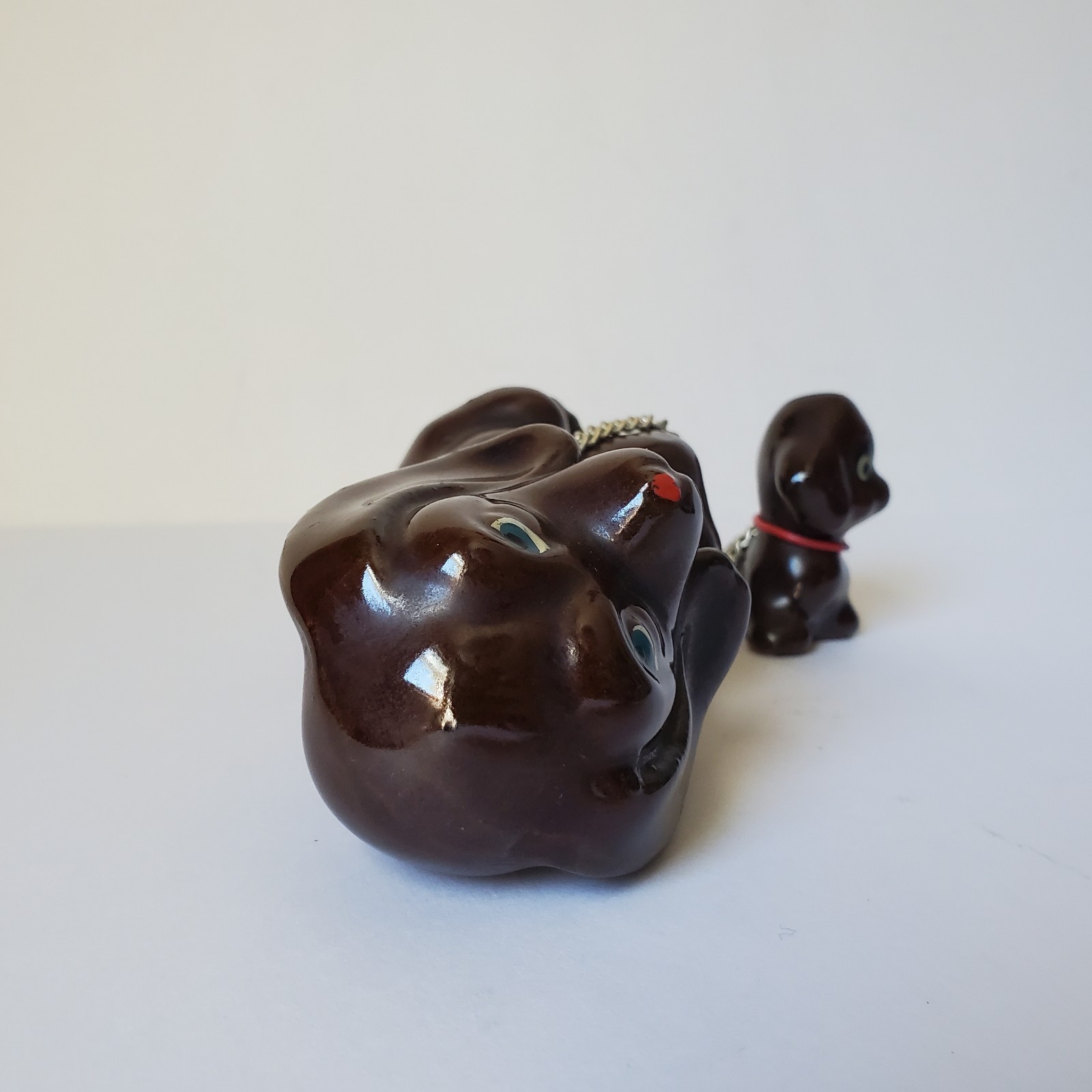 Redware Pottery Dog Mom With Puppy on Chain Hound Anthropomorphic Kitsch MCM Vtg